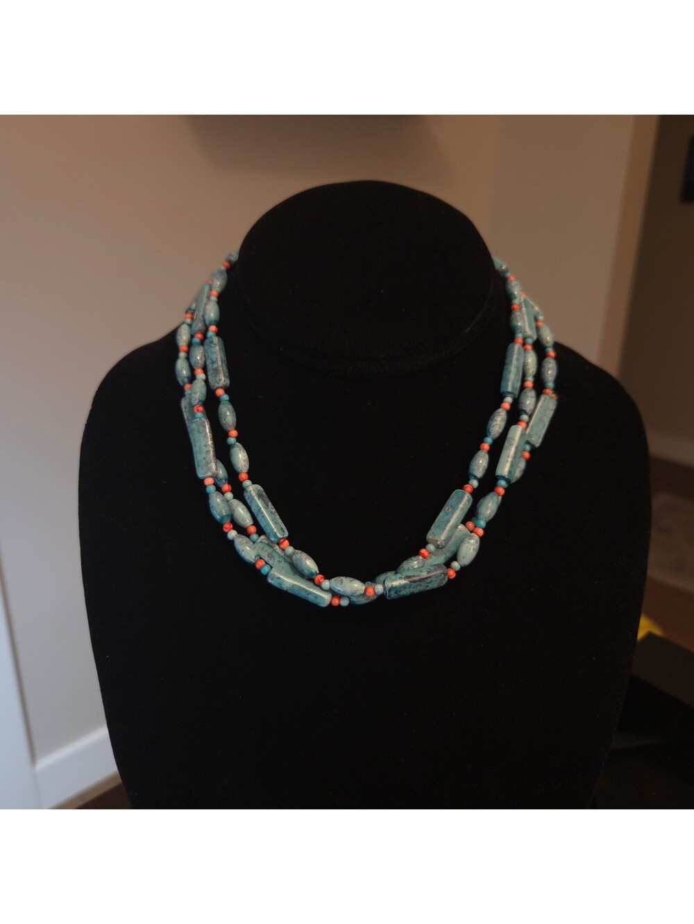 Turquoise and Coral Colored 52" Rectangle and Oval Necklace